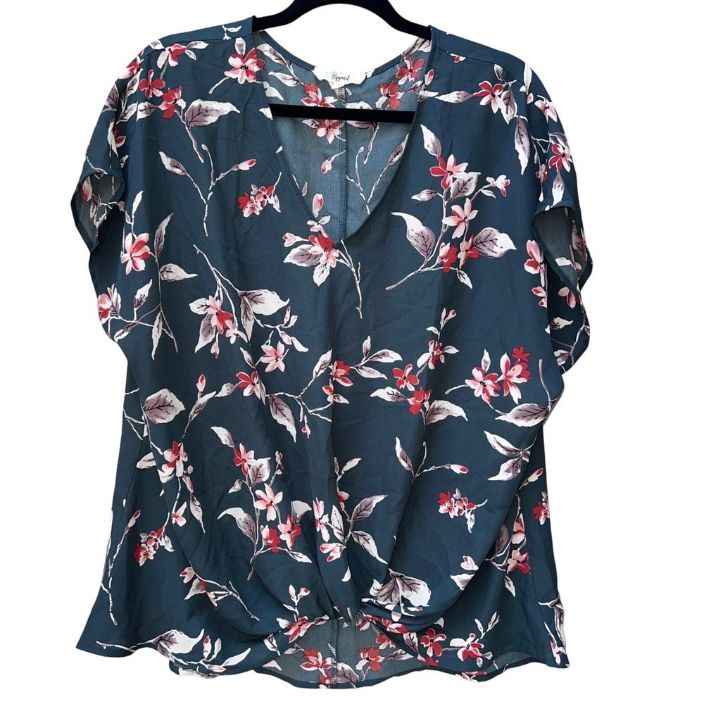 Beacon Apparel Floral Twist Front V-Neck Blouse Teal Green Red XL